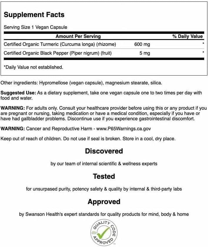imageSwanson Turmeric amp Black Pepper Organic Joint Health Heart Health Digestion amp Liver Support Supplement Natural Formula for Enhanced Bioavailability amp Absorption 60 Veggie Capsules90 Count Pack of 4
