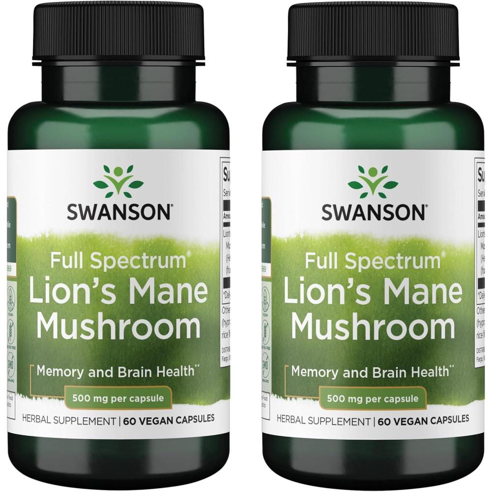 imageSwanson Lions Mane Mushroom Capsules  500 mg Each 60 Capsules  Herbal Supplement Supporting Cognitive Function60 Count Pack of 2