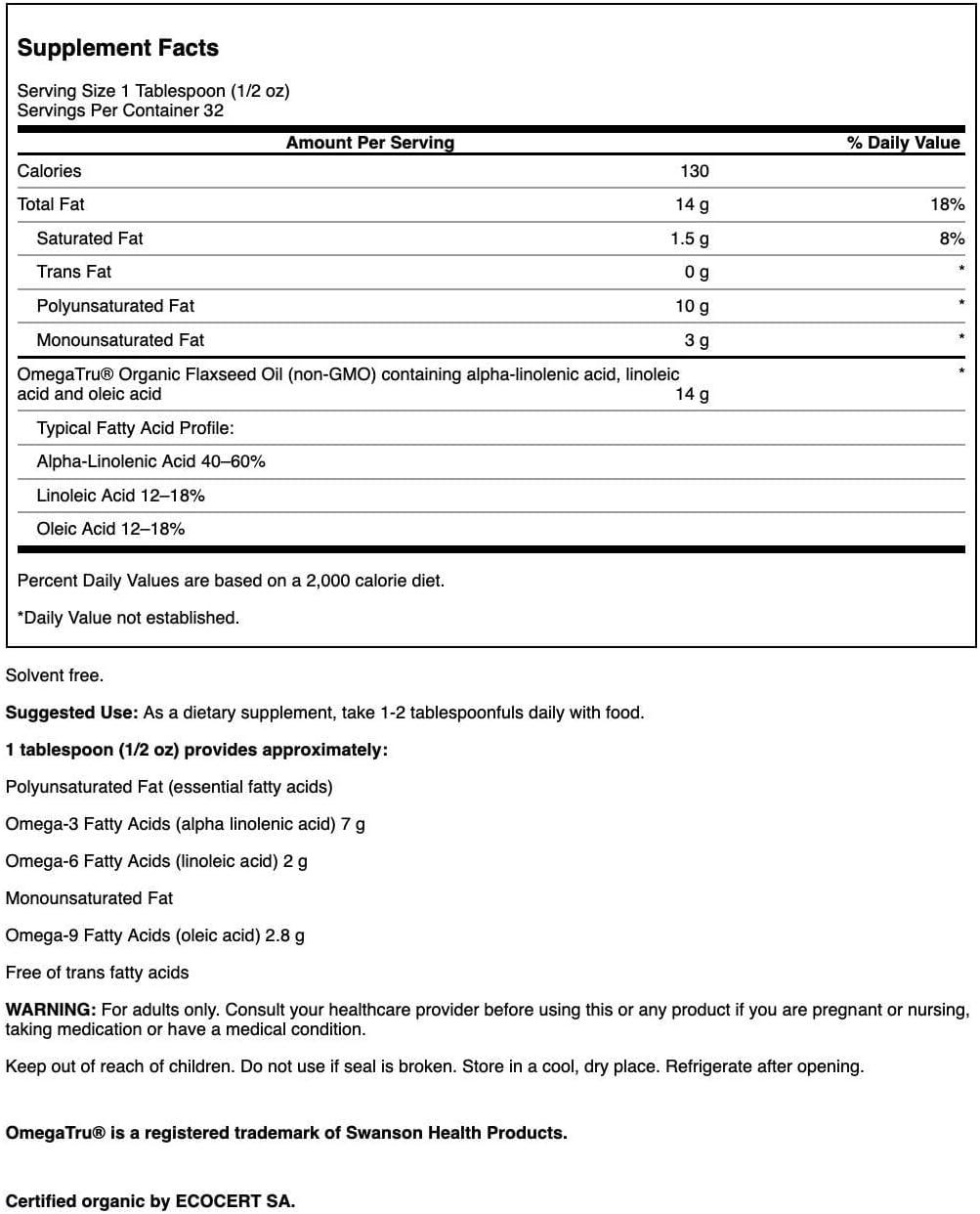 imageSwanson Flaxseed Oil Omegatru 16 fl Ounce 1 pt 473 ml Liquid