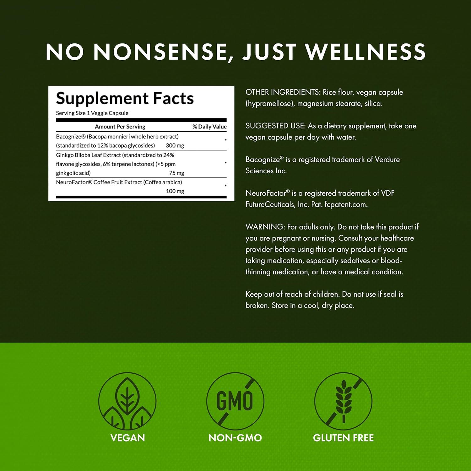 imageSwanson Pure Brainpower Brain Health Cognitive Memory Focus Support BrainDerived Neurotrophic Factor BDNF Herbal Supplement Ginkgo Biloba Bacopa Monnieri 60 Veggie Capsules Veg Caps Vegan60 Count Pack of 2