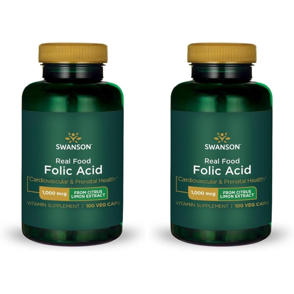 imageSwanson Real Food Folic Acid Folate Vitamin B9 Cardiovascular Prenatal Health from Citrus Limon Extract Vegan GlutenFree NonGMO B9 1000 mcg 100 Veggie Capsules Caps100 Count Pack of 2