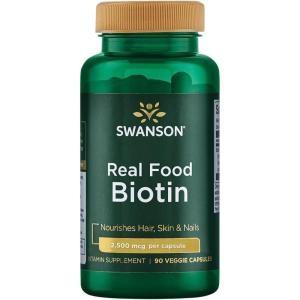 Swanson Real Food Biotin Vitamin B-7 Hair Skin Nail Metabolism Health from Organic Hummingbird Tree Extract Vegan Gluten-Free Non-GMO B7 5000 mcg 90 Veggie Capsules (Caps)