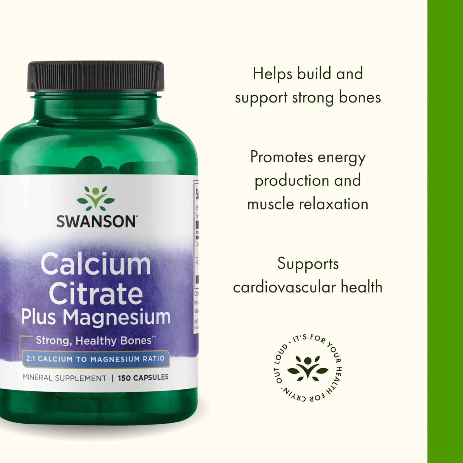 imageSwanson Calcium Citrate Plus Magnesium Mineral Supplement Promoting Strong Bones Energy Production amp Muscle Relaxation May Support Cardiovascular Health 150 Capsules