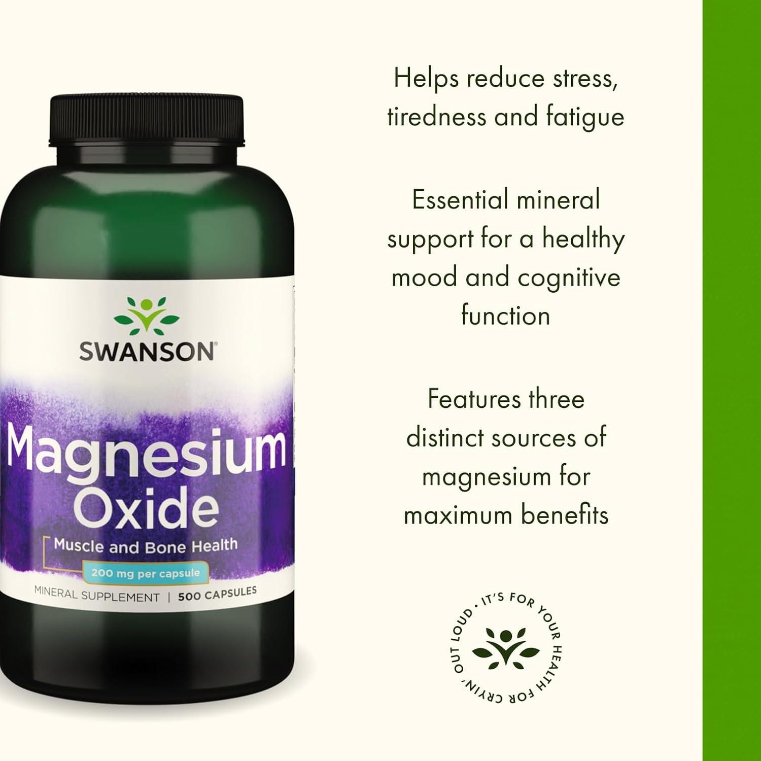 imageSwanson Magnesium Bone amp Muscle Health Support 200 Milligrams 2 Caps per 400 mg Serving Magnesium Oxide 500 Capsules