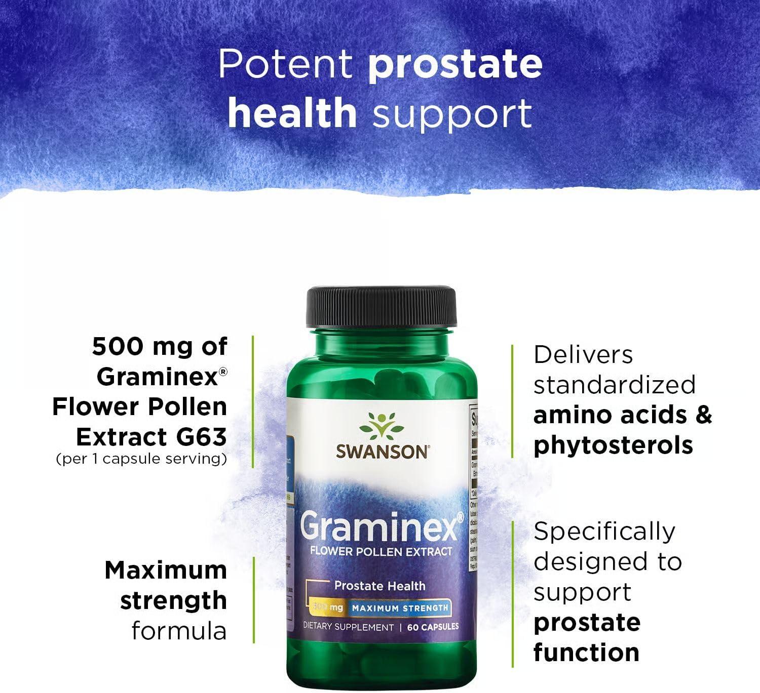 imageSwanson Maximum Strength Graminex Flower Pollen Extract Supports Prostate Health Urinary Tract Function and Kidney Health Mens Health Supplement 60 Capsules 500mg Each60 Count Pack of 1