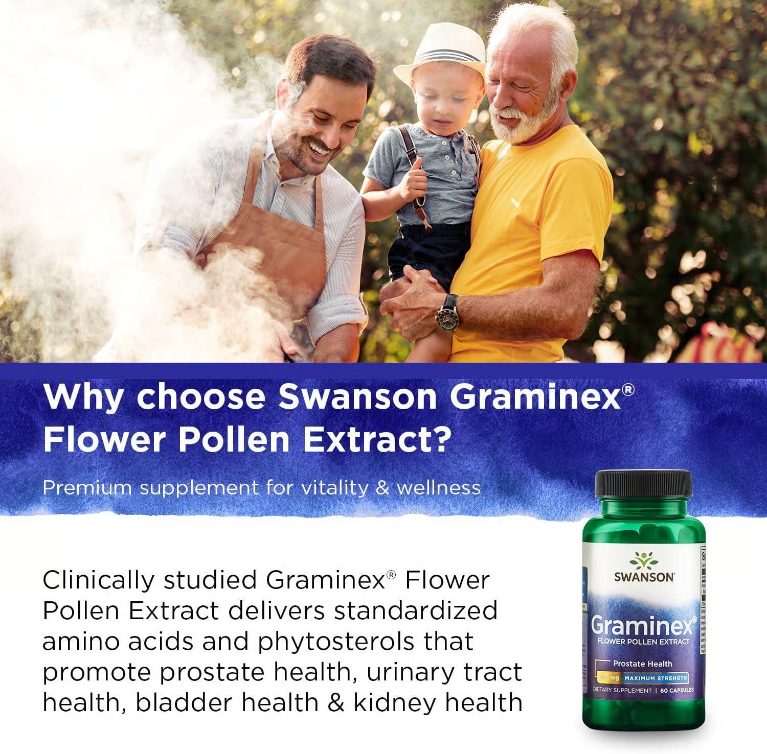 imageSwanson Maximum Strength Graminex Flower Pollen Extract Supports Prostate Health Urinary Tract Function and Kidney Health Mens Health Supplement 60 Capsules 500mg Each60 Count Pack of 1