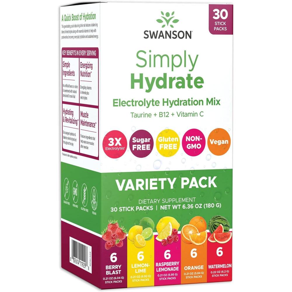 imageSwanson Simply Hydrate Electrolyte Mix  SugarFree Variety Pack  30 Packets  Advanced Electrolyte Blend  Convenient OnTheGo Solution
