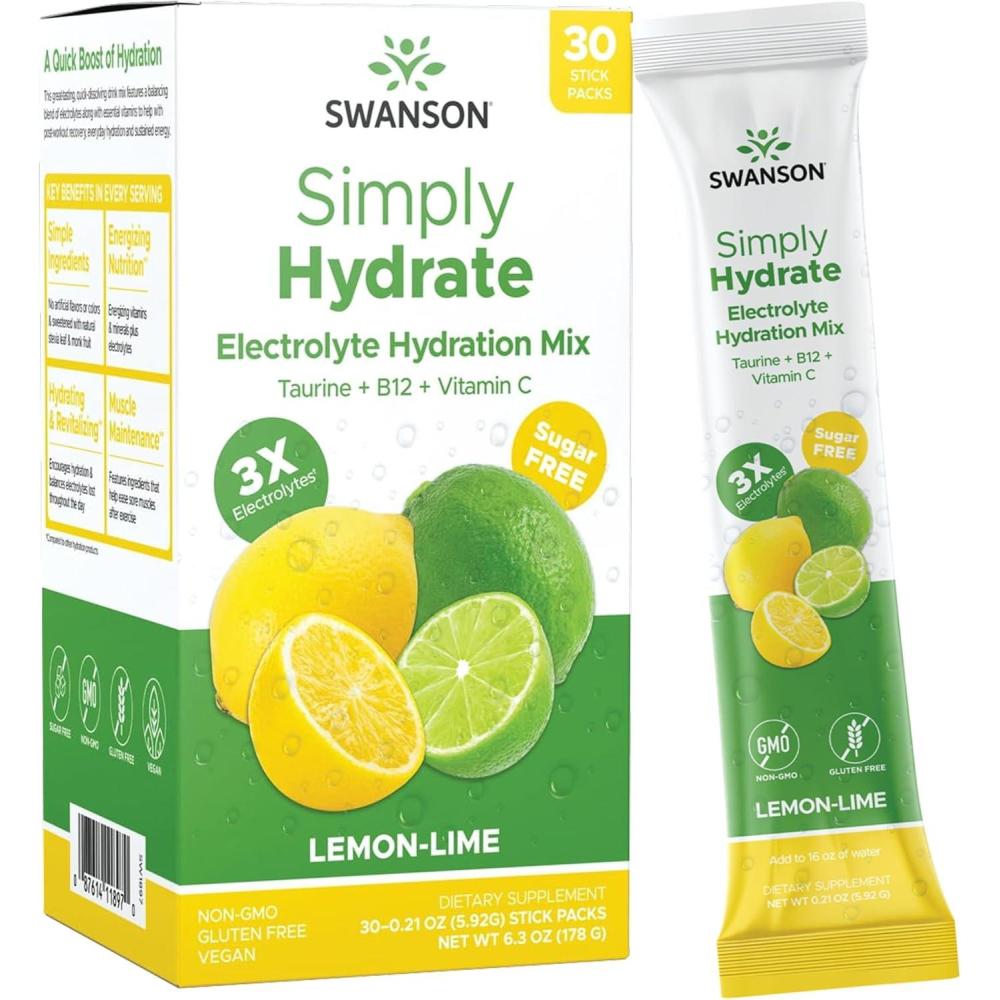 imageSwanson Simply Hydrate Electrolyte Powder Mix  SugarFree Drink Mix with 0 Calories  Convenient OnTheGo Hydration Powder  Advanced Electrolyte Drink Mix  Lemon Lime Flavor  30 Packets