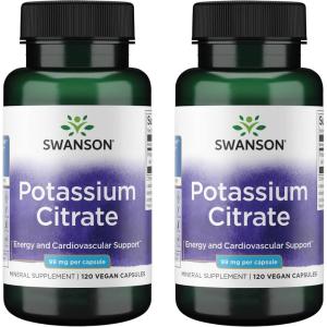 Swanson Potassium Citrate – Mineral Supplement Promoting Heart Health & Energy Support – Aids Optimal Nerve & Kidney Function with Natural Ingredients – (120 Capsules, 99mg Each) (2 Pack)(120 Count (Pack of 2))