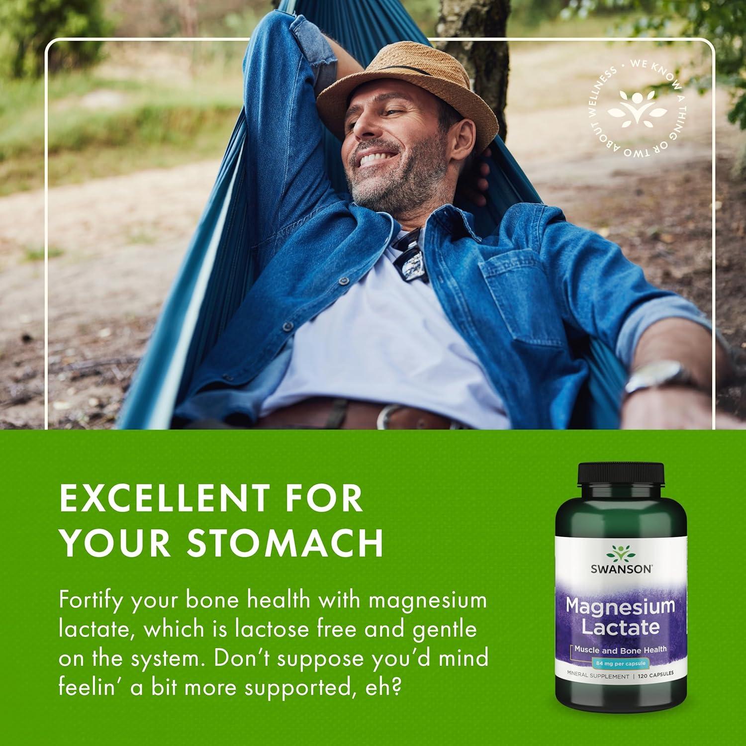 imageSwanson Magnesium Lactate Mineral Supplement Promoting Muscle and Bone Health Support LactoseFree Lactate Mineral Form for Gentle Absorption 120 Capsules 84mg Each120 Count Pack of 3