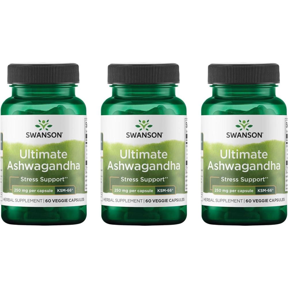imageSwanson Ultimate Ashwagandha KSM66  Herbal Supplement Supporting Healthy Stress Levels amp Relaxation  Natural Formula to Promote a Calm amp Relaxed Mindset  60 Veggie Capsules 250mg Each60 Count Pack of 3