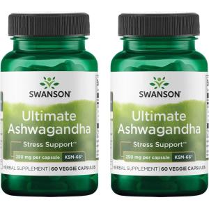 Swanson Ultimate Ashwagandha KSM-66 – Herbal Supplement Supporting Healthy Stress Levels & Relaxation – Natural Formula to Promote a Calm & Relaxed Mindset – (60 Veggie Capsules, 250mg Each)(60 Count (Pack of 2))