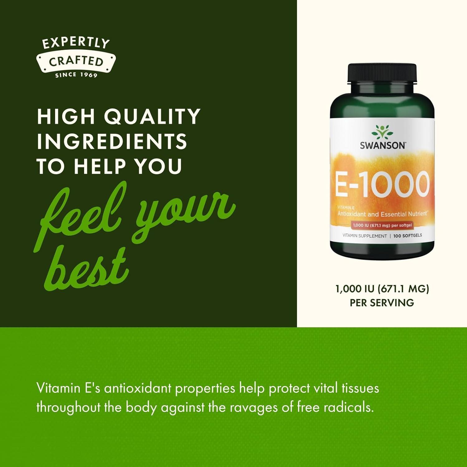 imageSwanson Vitamin E Natural Vitamin Supplement Promoting Cardiovascular Health Natural Formula Delivering Essential DAlpha Tocopherols 100 Softgels 1000 IU Each