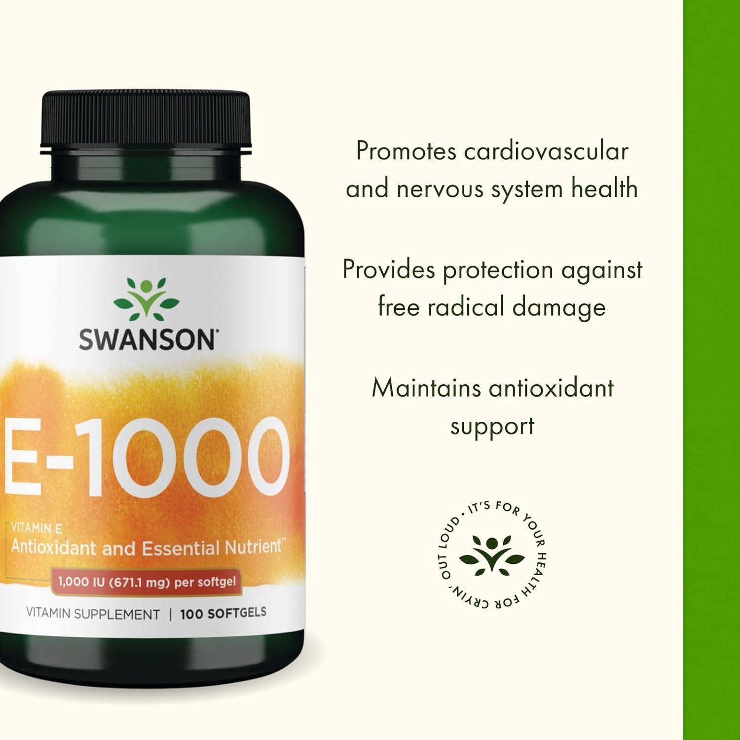 imageSwanson Vitamin E Natural Vitamin Supplement Promoting Cardiovascular Health Natural Formula Delivering Essential DAlpha Tocopherols 100 Softgels 1000 IU Each