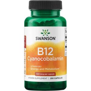 Swanson Vitamin B12 (Cyanocobalamin) – 500mcg Each, 250 Capsules – Energy, Nervous System, and Overall Wellness Support
