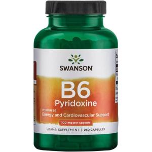 Swanson B6 Pyridoxine – Vitamin Supplement Promoting Cardiovascular Health & Energy Metabolism – Natural Formula Promoting Overall Wellness – (250 Capsules, 100mg Each)