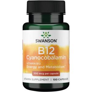 Swanson Vitamin B-12 (Cyanocobalamin) Energy Cardivascular Health Support 500 mcg 100 Capsules