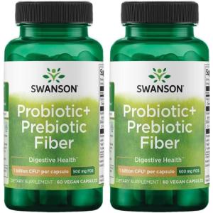 Swanson Prebiotic + Probiotic Fiber – Natural Supplement Promoting Digestive System & Immune Health Support – Aids Regularity & GI Tract Health – (60 Capsules, 500 Million CFU Each) (Pack of 2)